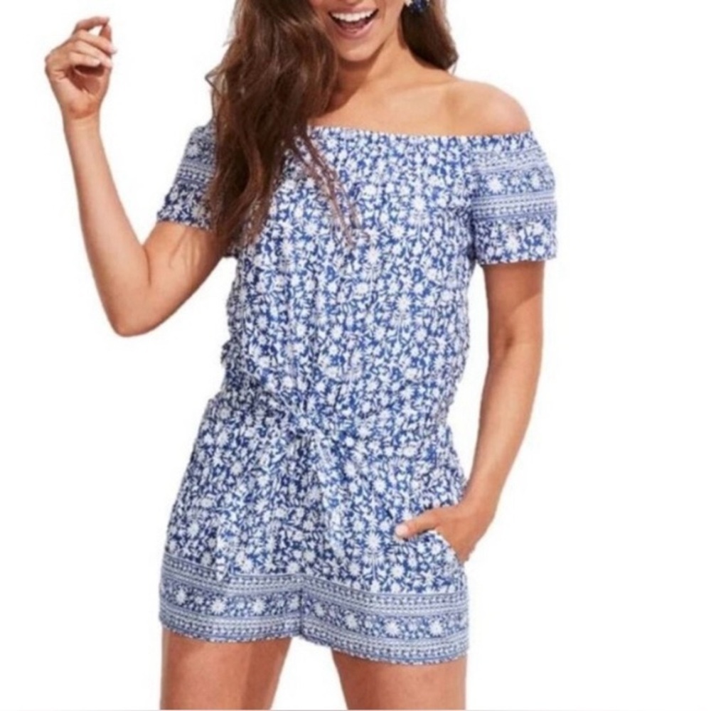 Vineyard Vines Blue Floral Off The Shoulder Romper - M